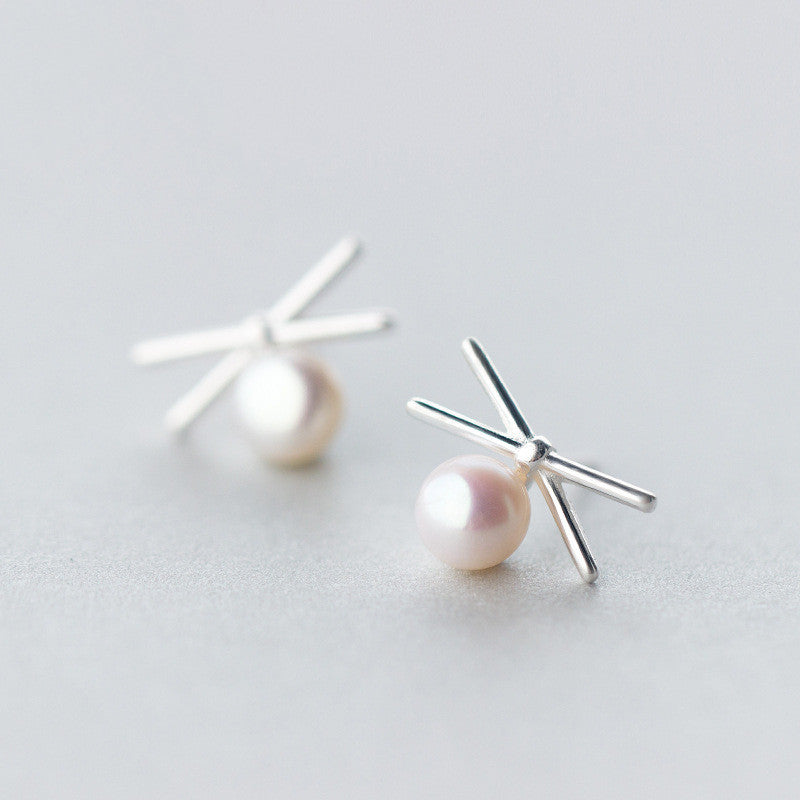 S925 Silver Pearl Cross Line Earrings for Women