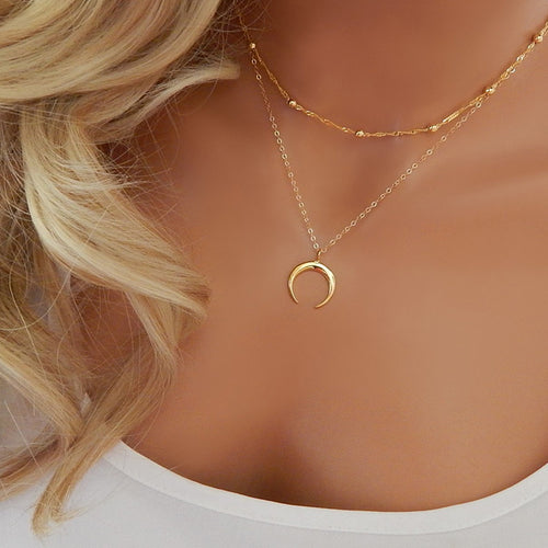 Bohemian Gold-Plated Layered Moon Pendant Necklace