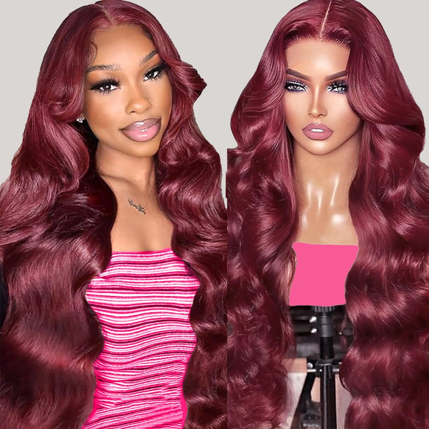 34 Inch 99j Burgundy Lace Front Wigs Human Hair 13x4 99j Body Wave Lace Front Wigs Human Hair Pre Plucked 180% Density Wine Red Colored Glueless HD Lace Frontal Wigs for Women Burgundy Body Wave Wig