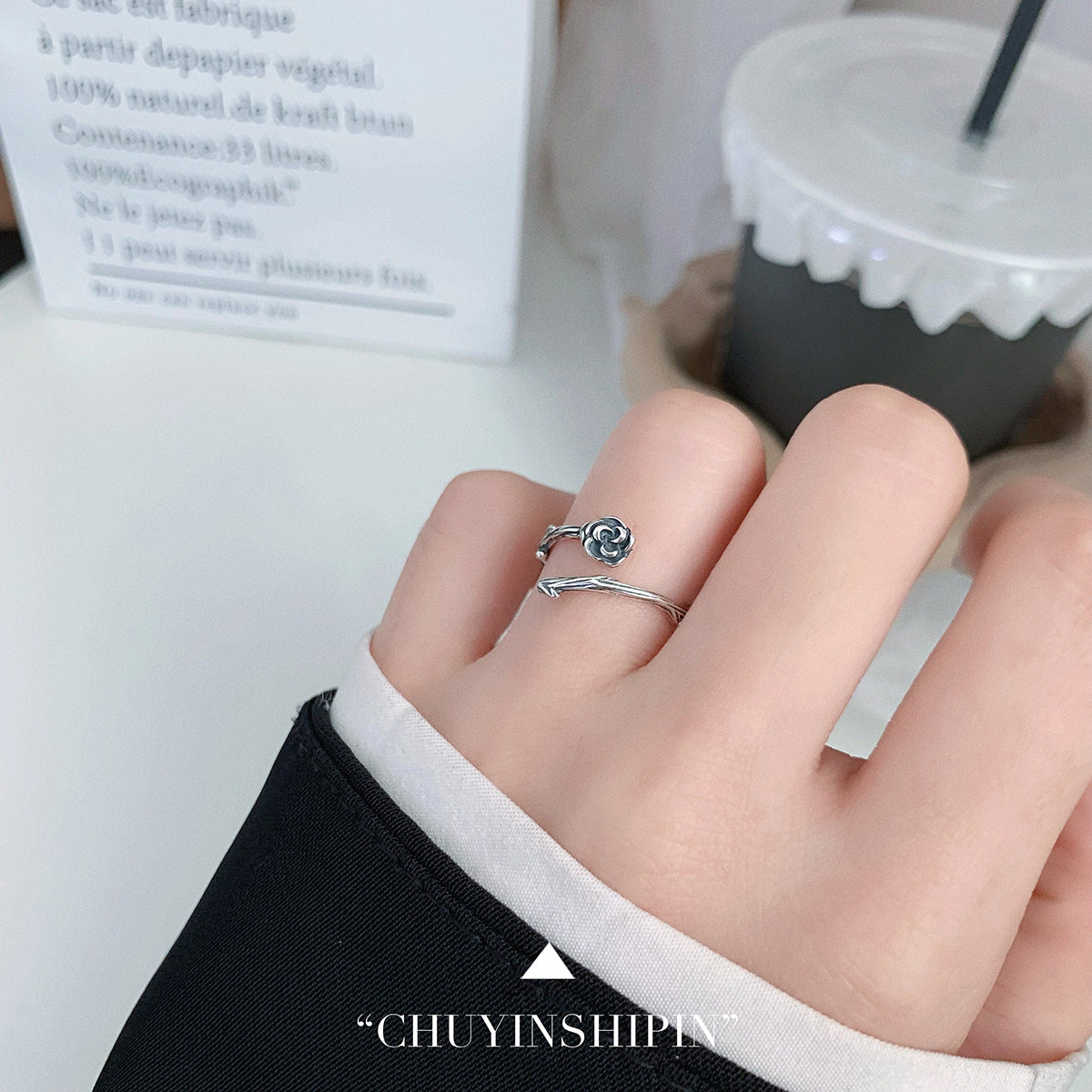 S925 Silver Vintage Rose Flower Open Ring for Women