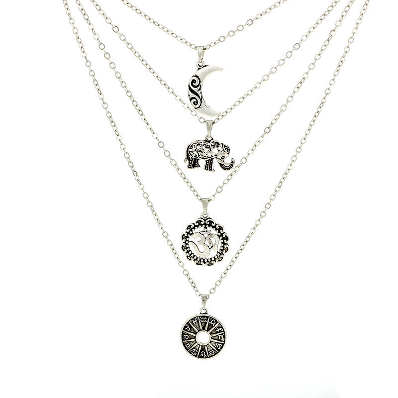 Vintage Bohemian Elephant Pendant Layered Choker Necklace