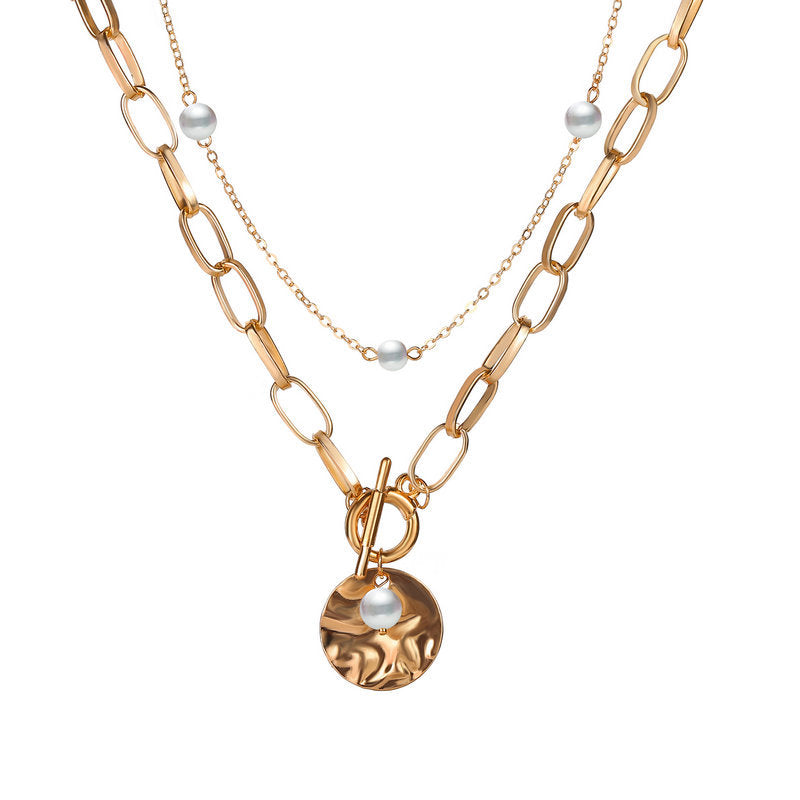 Double Layer Pearl Chain Necklace with Alloy Pendant