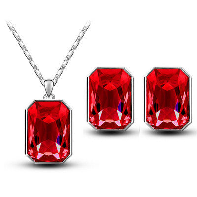 Crystal Pendant Rectangular Bride Necklace & Earring Set