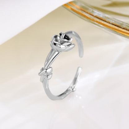 S925 Silver Black Diamond Flower Open Ring for Women