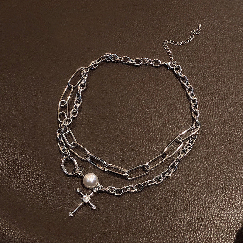 Double Layer Pearl Cross Pendant Necklace for Women