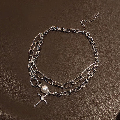 Double Layer Pearl Cross Pendant Necklace for Women
