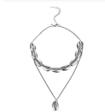 Versatile Metal Layered Necklace with Shell Pendant