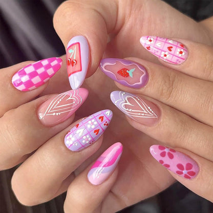 Valentine’S Day Press On Nails Almond False Nails With Checkerboard Heart Designs Valentines Fake Nails Acrylic Nails Press Ons Glossy Glue On Nails Purple Stick On Nails For Women 24pcs