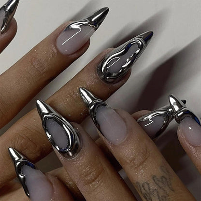 SINHOT Medium Press on Nails Almond Fake Nails Glossy Glue on Nails 3D Silver Chrome Acrylic Nails Stiletto Artificial Nails French Tip Stick on False Nails with Design 24 pcs