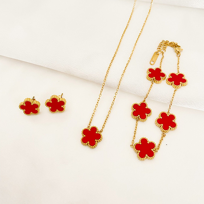 Five-Leaf Flower Pendant Necklace, Earring & Bracelet Set for Women