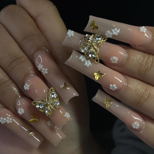 BABALAL Long Square Press on Nails Nude Fake Nails Gold Butterfly Charm Acrylic Nails 24Pcs Flower Glue ons Nails Coquette Manicure Squoval False Nails