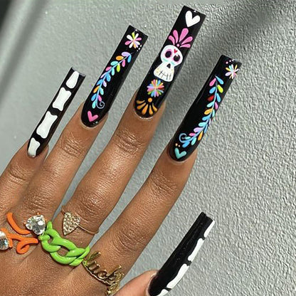 IMRAIN Halloween Press on Nails Long Square Fake Nails with Skull Designs Black Nails Press ons Full Cover Glossy Glue on Nails Acrylic Artificial Stick on Nails for Women 24Pcs