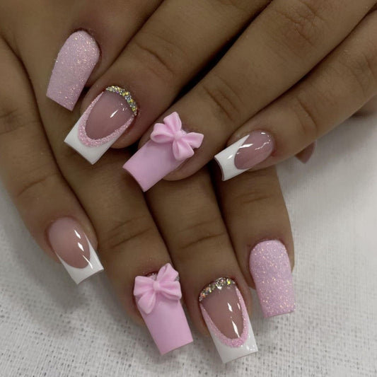 Valentines Day Press on Nails Medium Square Fake Nails with 3D Bow Rhinestones Designs Glitter Nails Press ons Glossy Glue on Nails White French False Nails Pink Stick on Nails for Women 24Pcs