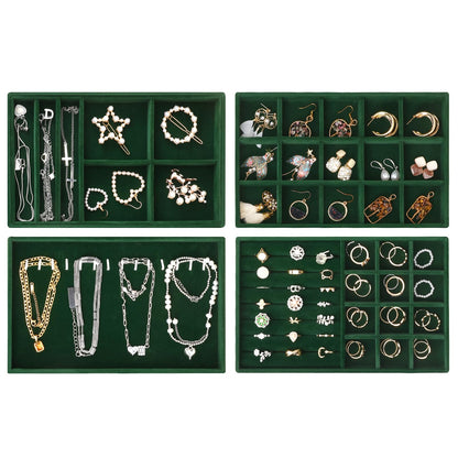 Fixwal Jewelry Tray 9in Set of 4 Stackable Jewelry Organizer Trays for Drawers Jewelry Storage for Earring Necklace Bracelet Watch with Removable Divider Dark Green