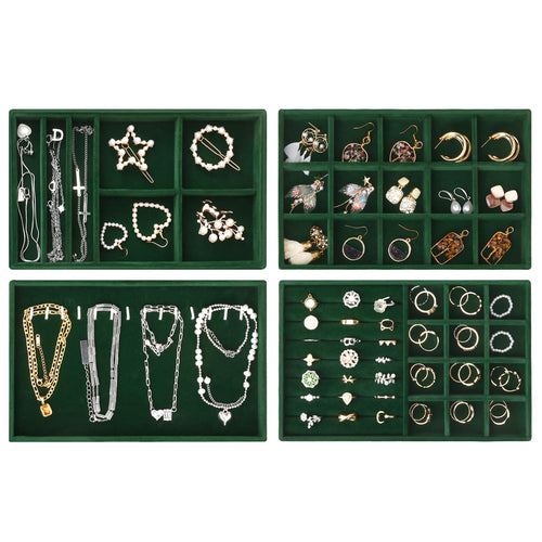 Fixwal Jewelry Tray 9in Set of 4 Stackable Jewelry Organizer Trays for Drawers Jewelry Storage for Earring Necklace Bracelet Watch with Removable Divider Dark Green