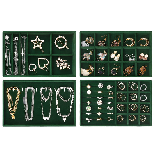 Fixwal Jewelry Tray 9in Set of 4 Stackable Jewelry Organizer Trays for Drawers Jewelry Storage for Earring Necklace Bracelet Watch with Removable Divider Dark Green