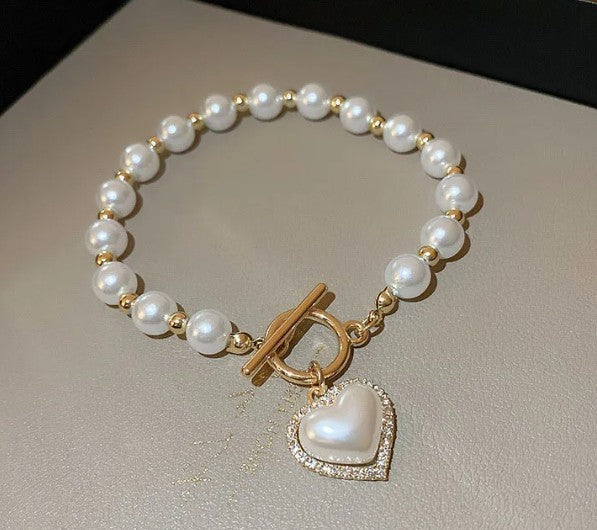 Diamond OT Buckle Pearl Heart Bracelet
