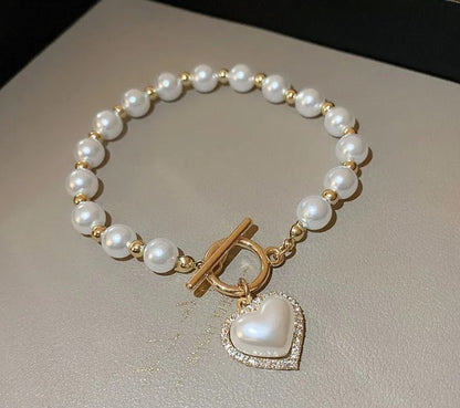 Diamond OT Buckle Pearl Heart Bracelet