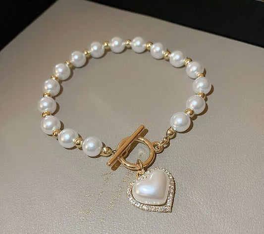 Diamond OT Buckle Pearl Heart Bracelet