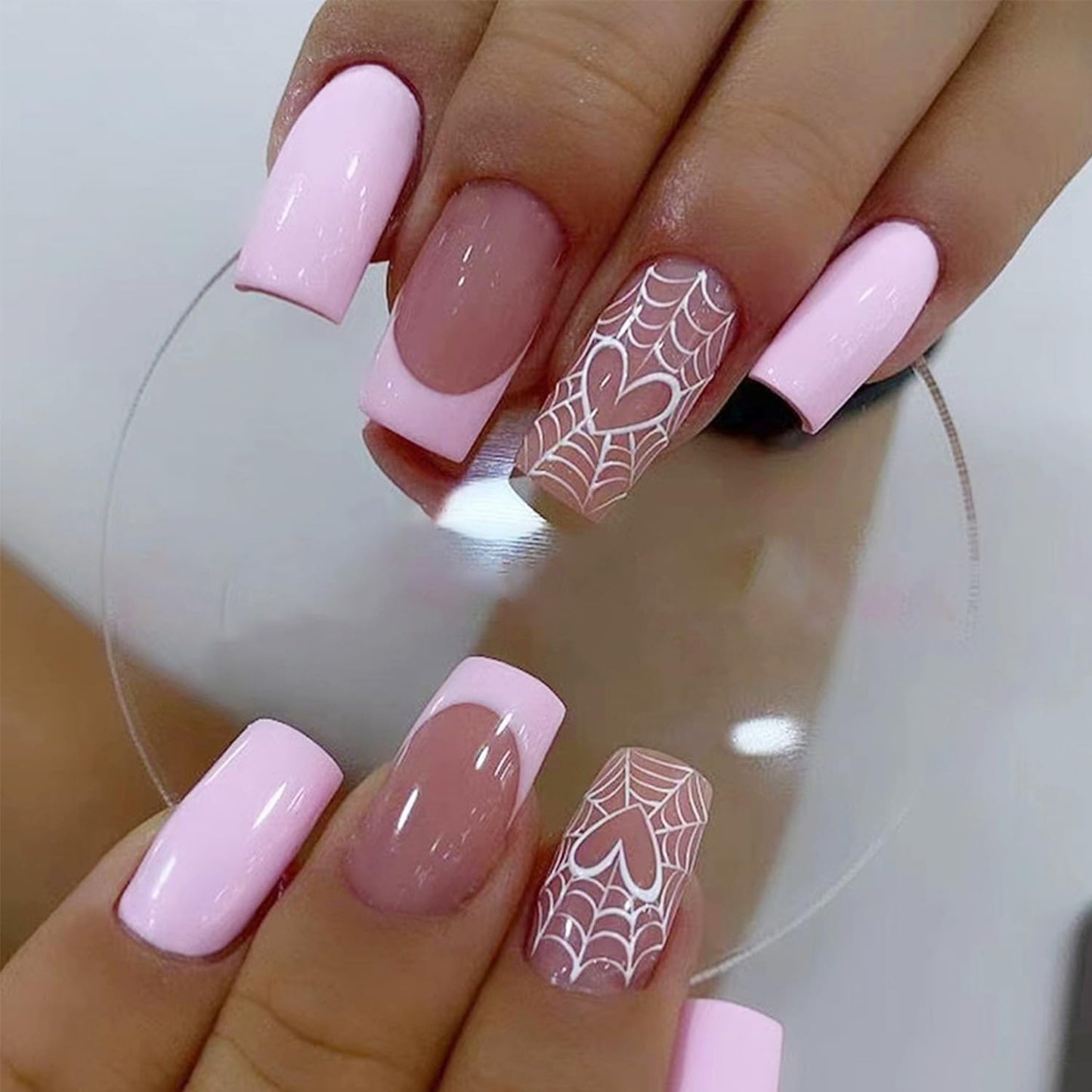 24Pcs Halloween Press on Nails Medium Square Fake Nails Pink Halloween Acrylic Nails French Tip Glue on Nails with Heart Spider Web Designs Glossy False Nails Reusable Artificial Nails for Women