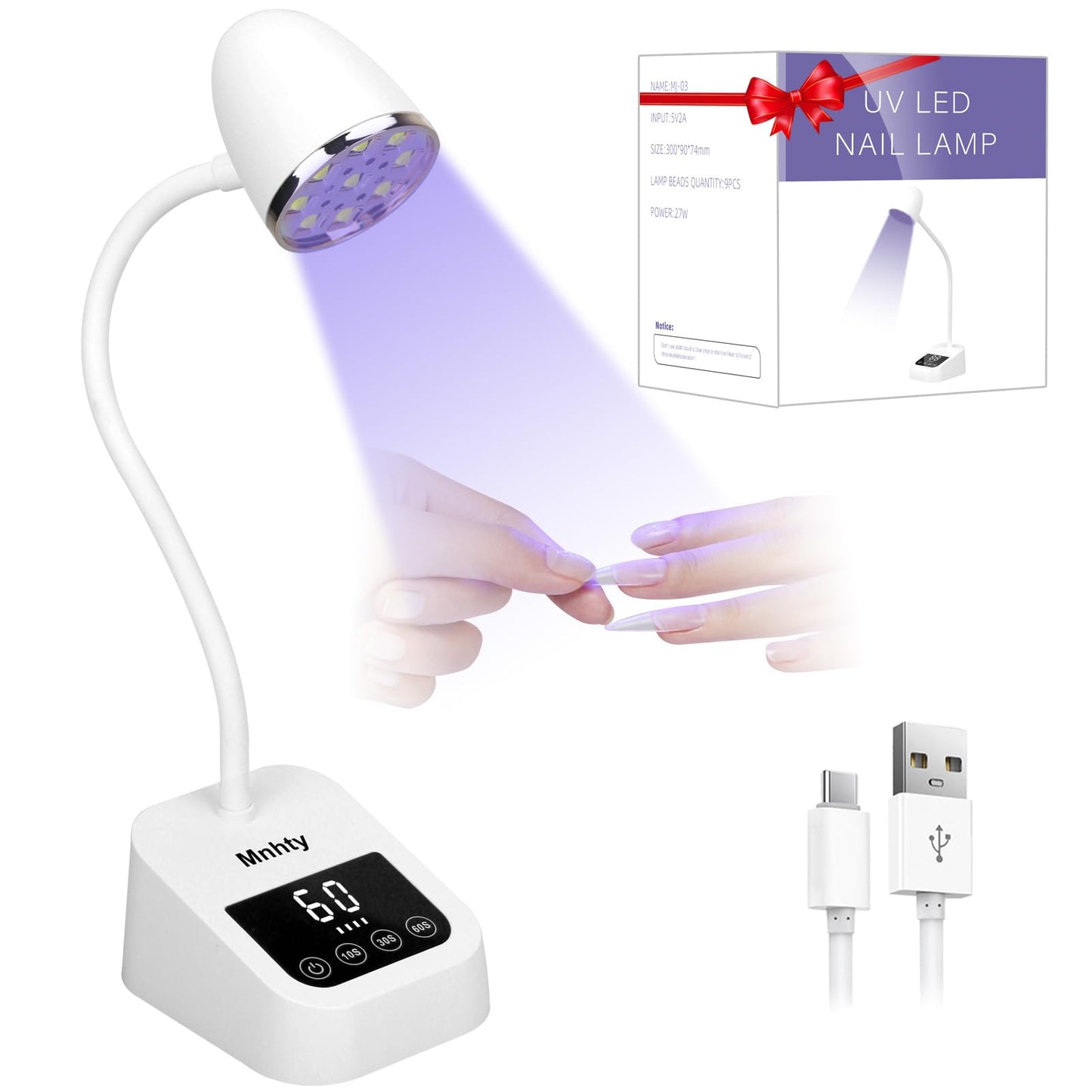 U V Nail Lamp 27W Rechargeable U V Light for Gel Nails Polish Mini Flash Cure Light for Gel X Nails Cordless U V LED Nail Lamp Nail Dryer with 3 Timers&Sensor Fast Curing Gooseneck U V Lamp White