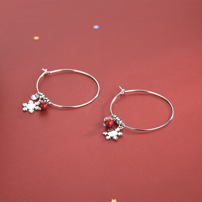S925 Silver Korean Style Snowflake Earrings with Red Balls