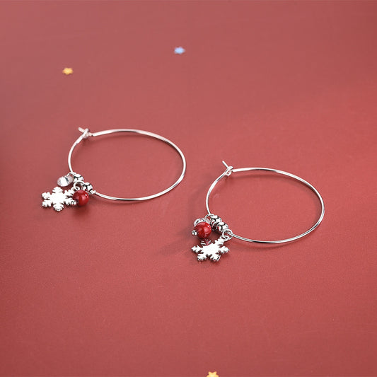 S925 Silver Korean Style Snowflake Earrings with Red Balls