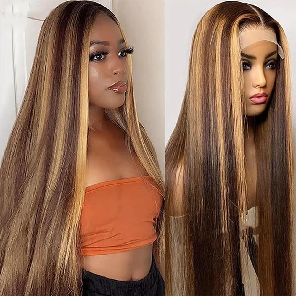 KFgood Ombre Lace Front Wig Human Hair 30inch Highlight 13x4 HD Straight Lace Front Wigs Human Hair 200% Density 4/27 Colored Honey Blonde Wig Human Hair Glueless Pre Plucked with Baby Hair
