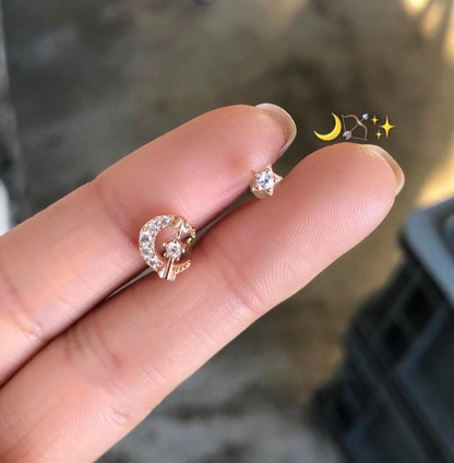 S925 Silver Asymmetric Moon Heart Stud Earrings
