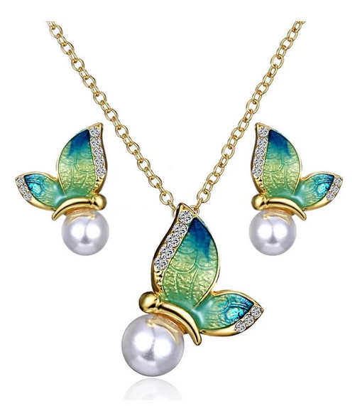 Butterfly Earring and Necklace Pendant Set with Pearls