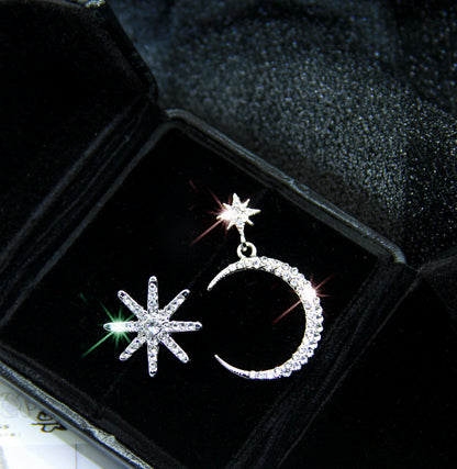 925 Silver Star and Moon Asymmetric Earrings for Women