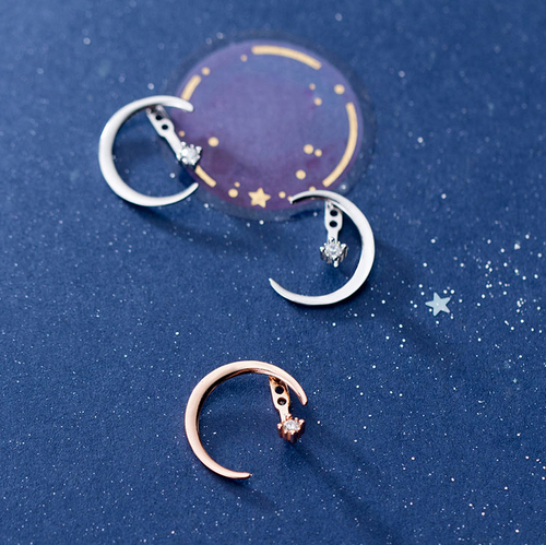 S925 Silver Earrings with Crescent Moon and Star Design
