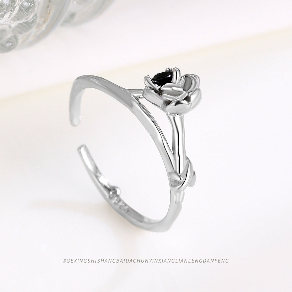 S925 Silver Black Diamond Flower Open Ring for Women