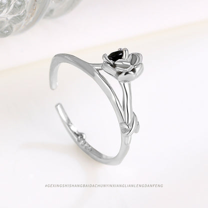 S925 Silver Black Diamond Flower Open Ring for Women