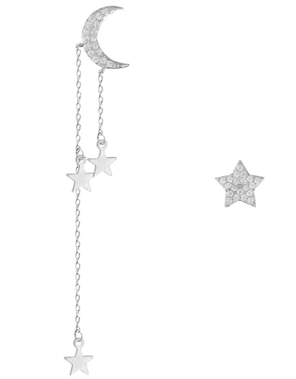 Star and Moon Asymmetric S925 Silver Earrings