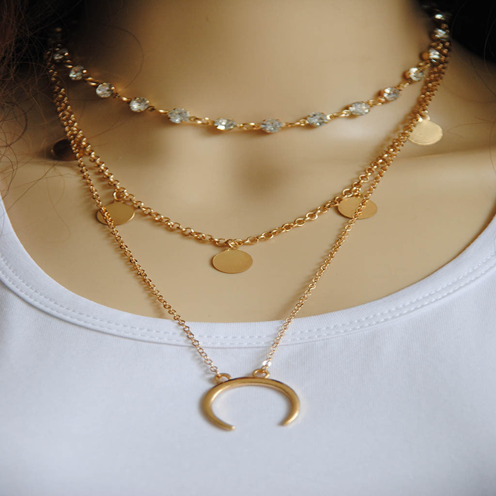 Simple Multi-Element Moon Pendant Layered Necklace