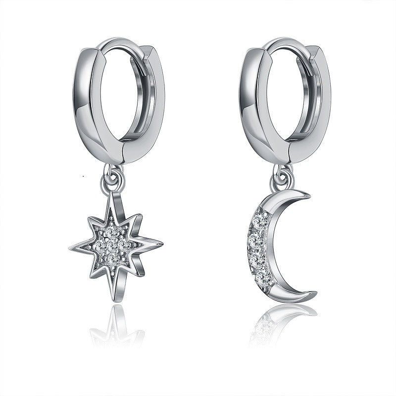 S925 Silver Asymmetrical Star Moon Earrings with Diamonds