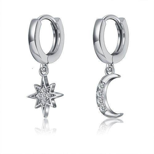 S925 Silver Asymmetrical Star Moon Earrings with Diamonds