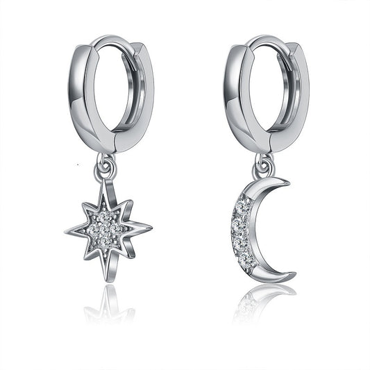 S925 Silver Asymmetrical Star Moon Earrings with Diamonds