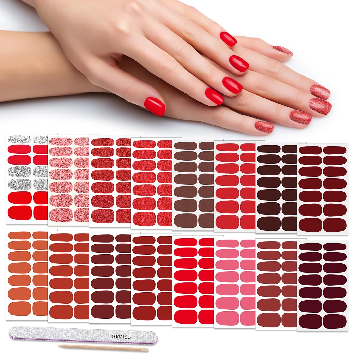 DANNEASY 16 Sheets Red Nail Polish Stickers Full Nail Wraps Solid Color Gel Nail Strips Self Adhesive Nail Polish Strips Fingernail Sticker Nails for Women with Nail File Cuticle Stick