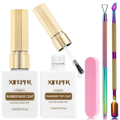 Xifepfr Base Coat Top Coat Set Gel Nail Polish Rubber Base Gel Diamond Top Coat Shine Long Lasting Builder Coat No Wipe Top Coat Kit Soak Off Nail Lamp Gel