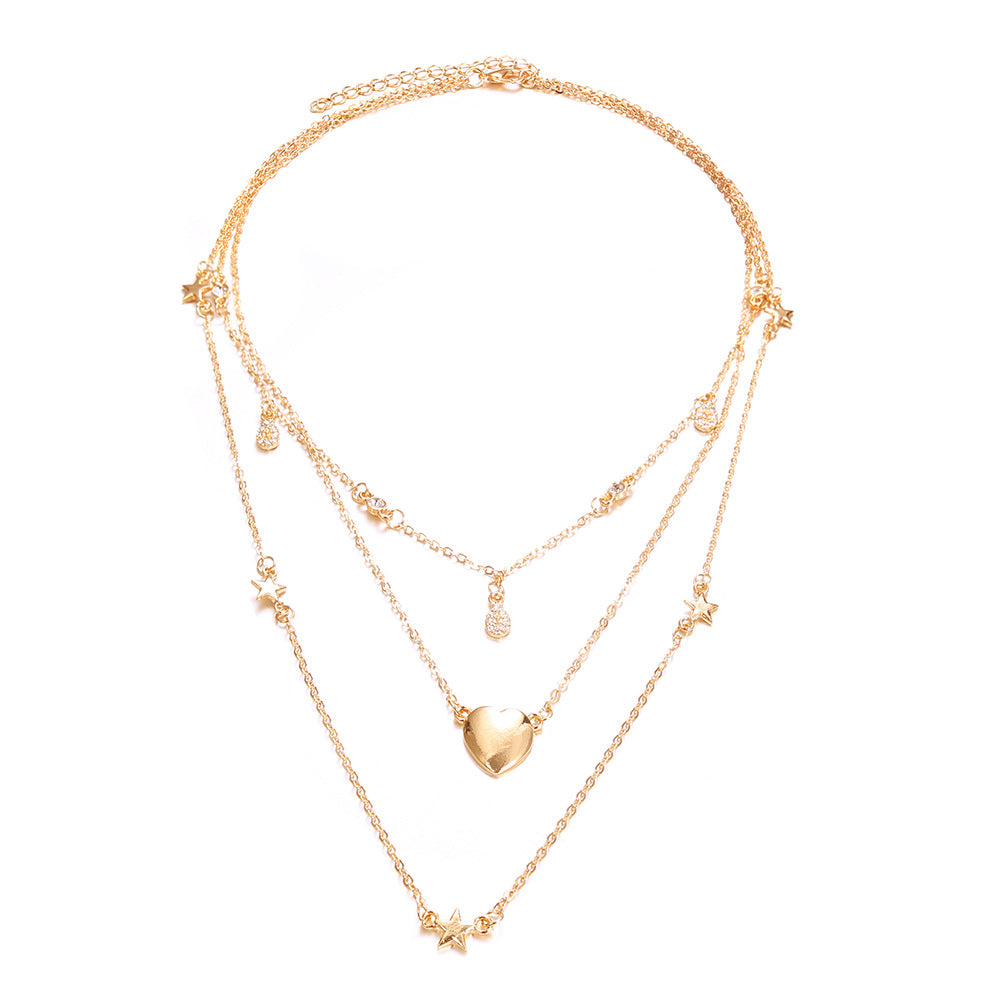 Layered Heart and Star Pendant Necklace with Rhinestones