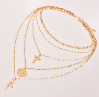 Cross Rose Pendant Necklace - Fashionable Layered Design