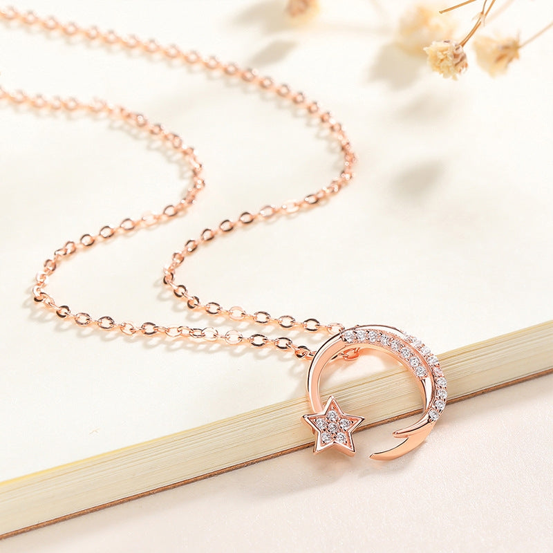 S925 Silver Star and Moon Pendant Necklace