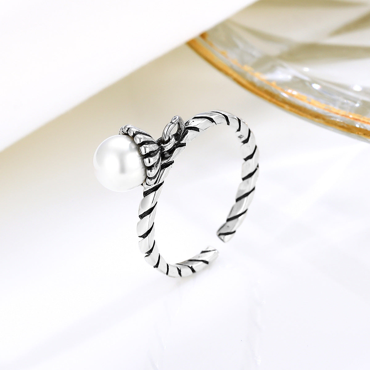 S925 Silver Vintage Pearl Open Ring for Women
