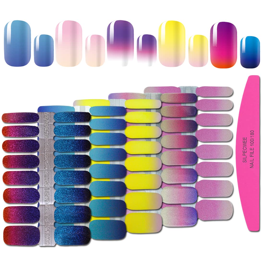 SILPECWEE 5 Sheets Nail Polish Strips Gradient Nail Stickers Self Adhesive Nail Art Stickers Full Nail Wraps Nail Decals for Women with 1Pc Nail File