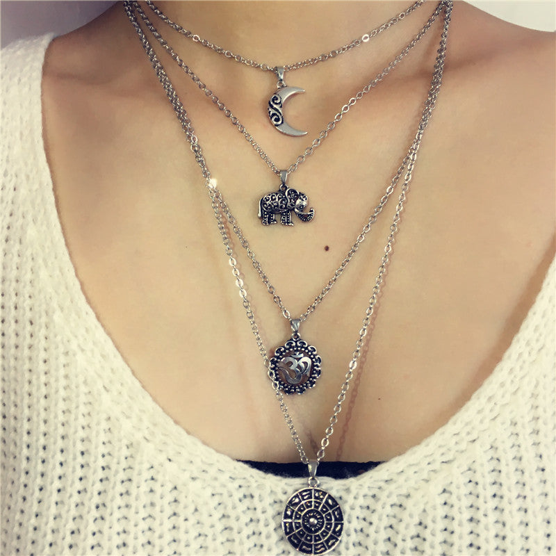 Vintage Bohemian Elephant Pendant Layered Choker Necklace
