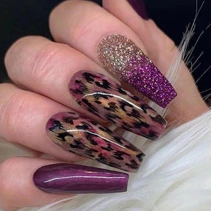 MISUD Press on Nails Long Coffin Fake Nails Glossy Glue on Nails Purple Chrome Acrylic Nails Ballerina Artificial Nails Bling Glitter Stick on False Nails with Cheetah Design 24 pcs