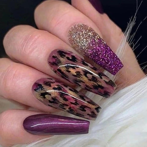 MISUD Press on Nails Long Coffin Fake Nails Glossy Glue on Nails Purple Chrome Acrylic Nails Ballerina Artificial Nails Bling Glitter Stick on False Nails with Cheetah Design 24 pcs