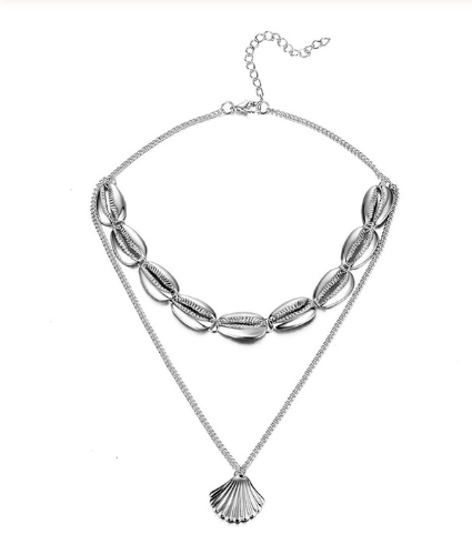 Versatile Metal Layered Necklace with Shell Pendant